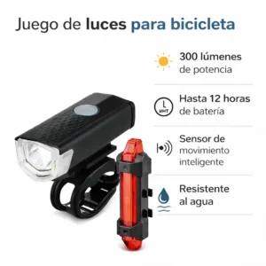 Luz Bicicleta Recargable USB 300 Lúmenes + Luz Trasera Sensor Impermeable